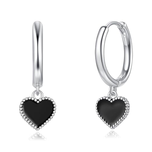 Loutade Ohrringe Silber 925 für Damen 925 Sterling Silber Ohrringe Creolen mit Schwarz Herz Anhänger Hypoallergen Leichte Ohrringe Silber 925 Creolen Hängend Ohrhänger Geschenk für Mädchen Frauen