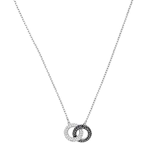Swarovski Stone Halskette Rhodinierte Damenhalskette mit Zwei Funkelnden Ringen aus Schwarzen und Klaren Swarovski Kristallen