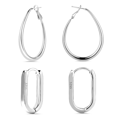 2 Paar Ohrringe aus Sterlingsilber 2 Designs Große Ovale und Kleine Creolen Silber Creolen Damen 925 Minimalistischer Schmuck für Frauen Mädchen