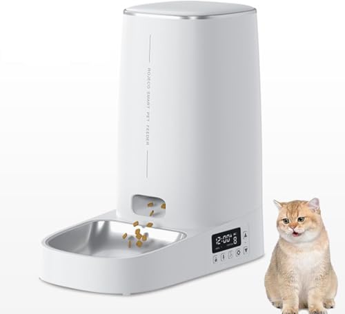 Futterautomat Katze Hund - 4L Automatischer Futterspender Haustier Intelligenter Futterspender mit Edelstahlnapf Zeitgesteuerte Fütterung Akku- Netzbetrieben Weiß Timer-Version EIN Napf