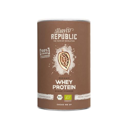 HARVEST REPUBLIC Bio Whey Protein Pulver Schoko 320 g Eiweiß Protein Pulver aus Bio Molke Molkenproteine für Muskelaufbau bis zu 20 g Protein pro Portion Bio Proteinpulver ohne Zusatzstoffe