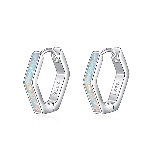 Opal Ohrringe 925 Sterling Silber Geometrische Sechseck Creolen Ohrringe Weiß Opal Schmuck Geschenk für Damen Mädchen