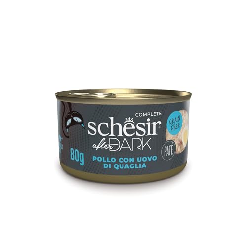 Schesir After Dark Geschmack Hähnchen und Wachteleier in Pastete komplettes Nassfutter für Katzen 12 Dosen 80 g