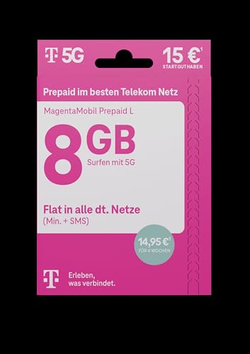 Telekom MagentaMobil Prepaid L SIM-Karte ohne Vertragsbindung I inkl. 8 GB Allnet Flat Min SMS in alle dt. Netze EU-Roaming I Surfen mit 5G LTE Max Hotspot Flat I 15EUR Startguthaben
