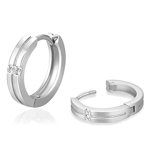 KRKC Silber Kreolen Hoop Ohrringe 15mm Weißgold Vergoldet S925 Sterling Silber Ohrringe Nickel-frei Creolen für Herren Männer CZ Stein-Silber