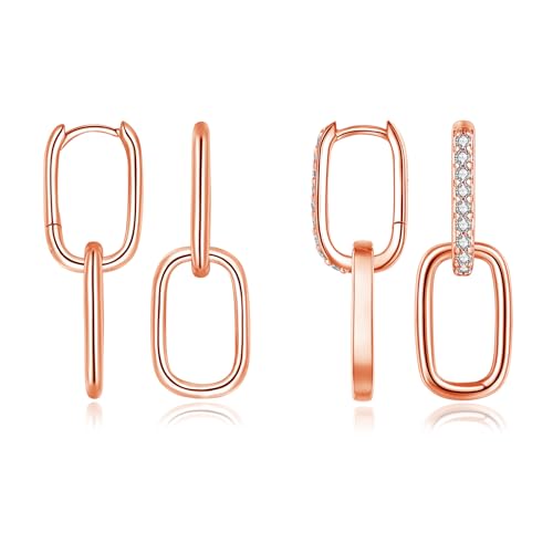 Cangall Ohrringe Silber 925 Creolen mit Anhänger 2 Paare 925 Sterling Silber Damen Ovale Creolen Set Doppelt Eckige Ohrringe Creolen Hängend Rose Gold Schlafen Knorpel Geometrische Ohrhänger