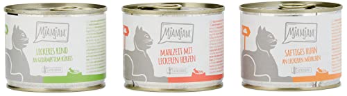 MjAMjAM - Premium Nassfutter für Katzen - Mixpaket 1 - Huhn Rind Herzen 6er Pack 6 x 200 g getreidefrei mit extra viel Fleisch