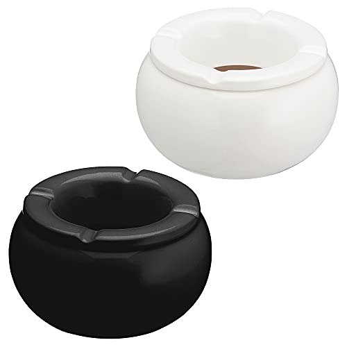 Sturmaschenbecher 2er Set 10cm Keramik weiß schwarz Aufsatz abnehmbar Windaschenbecher 2 x Aschenbecher schwarz weiß