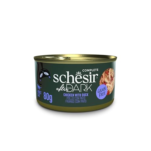 Schesir After Dark Hühnerfilets mit Ente in Brühe komplettes Nassfutter für Katzen 12 Dosen x 80 g