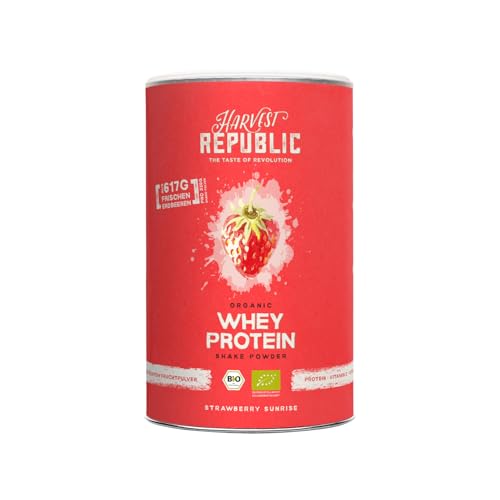 HARVEST REPUBLIC Bio Whey Protein Pulver Erdbeere mit 100% echtem Fruchtpulver 320 g Bio Proteinpulver verfeinert mit gefriergetrockneten Früchten bis zu 18 g Protein pro Portion