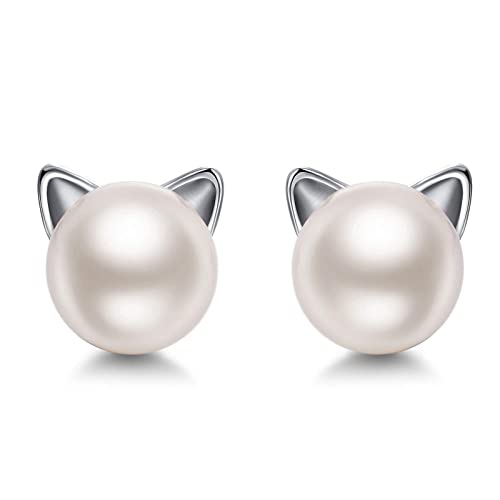 Schöne Katze Perle Ohrringe 925 Sterling Silber Katzenschmuck Geschenk zierliche Kätzchen Tier hypoallergene Schmuck Geschenke für Frauen Mädchen