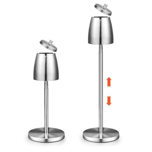 WIYETY Einstellbarer Standaschenbecher Edelstahl Standaschenbecher Draußen Standaschenbecher Höhe Ausziehbar 34-68 cm Groß Einstellbarer Standaschenbecher mit Deckel Rutschfestem Boden Silber