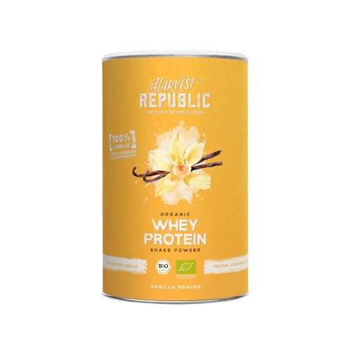 HARVEST REPUBLIC Bio Whey Protein Pulver Vanille 320 g Eiweiß Protein Pulver aus Bio Molke Molkenproteine für Muskelaufbau bis zu 22 g Protein pro Portion Bio Proteinpulver ohne Zusatzstoffe