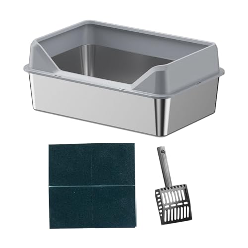 JISADER Offene Hohem Rand Offene Wanne Erhöhung Edelstahl ohne Deckel Open Top Pet Litter Box Katzenstreuschaufel DUNKELGRAU 50x35x10cm