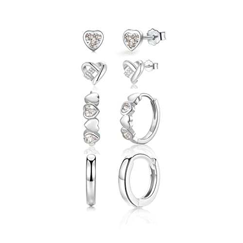 Ohrringe Silber Herz Ohrstecker Creolen Silber 925 Kleine Zirkonia Ohrringe Set für Damen Herren Mädchen Frauen 4mm 10mm