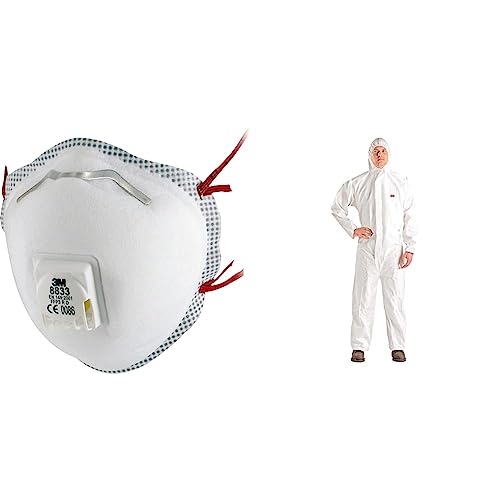 3M Atemschutzmaske 8833 FFP3-Feinstaub-Maske mit Ventil für reduzierte Wärmebildung 10 Stück 4510XL Schutzanzug Typ 5 6 Größe XL Weiss