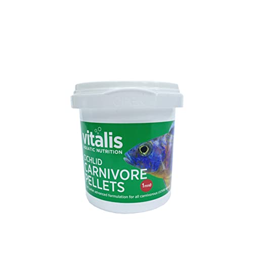 Vitalis Cichlid Carnivore PELLETS 1mm für fleischfressende Cichliden Granulat Fischfutter für Aquarium Teich Pellets Cichlidenfutter Fischfutter mit natürlichen Farbverstärkern 1mm in 70g