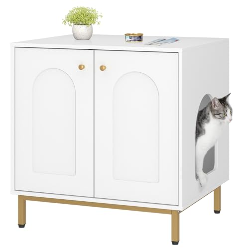 Hzuaneri Katzenschrank Katzentoilette Tür Hölzerner Beistelltisch für das Haustierhaus 50x 60x 61 Stabile Katzenschrank Weiß und Gold CB81203G