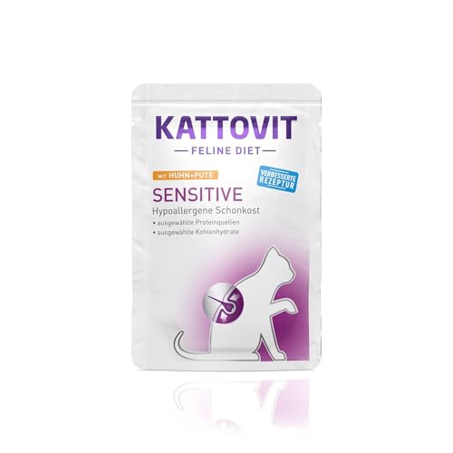 Kattovit - Sensitive Nassfutter für Katzen Katzenfutter als Alleinfuttermittel im Frischebeutel. Hypoallergenes Katzen-Nassfutter für ausgewachsene Katzen 24 x 85 g Huhn und Pute