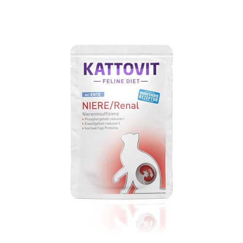 Kattovit - Niere Renal Nassfutter für Katzen Katzen-Nassfutter zur Unterstützung der Nierenfunktion für ausgewachsene Katzen. Diätfutter als Alleinfuttermittel im Frischebeutel 24 x 85 g Ente