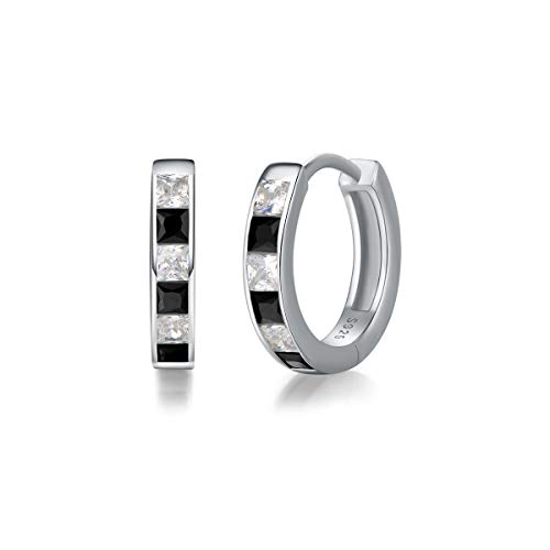 Solide 925 Sterling Silber Creolen Huggies Klein Ohrringe mit Weiß Schwarz Zirkonia Basic Minimalist Schmuck Geschenk für Damen Mädchen Herren Jungen Unisex - Durchmesser 15 mm