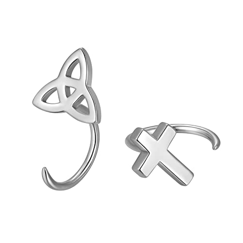 Ohrringe Creolen Damen Asymmetrisches Kreuz und keltischer Knoten halboffene Huggie Ohrringe 925 Sterling Silber Mini Knorpel Ohrringe Kleiner Huggy Hoop für Damen Geburtstag Jubiläum FE0196W