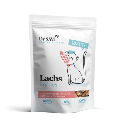 Dr. SAM Premium Snacks für Katzen - Lachs Softies als gesunde Leckerlis für gesunde Haut glänzendes Fell - geräucherte Lachsstreifen mit Omega-3-Fettsäuren für gute Verdauung - treat for cats - 100g