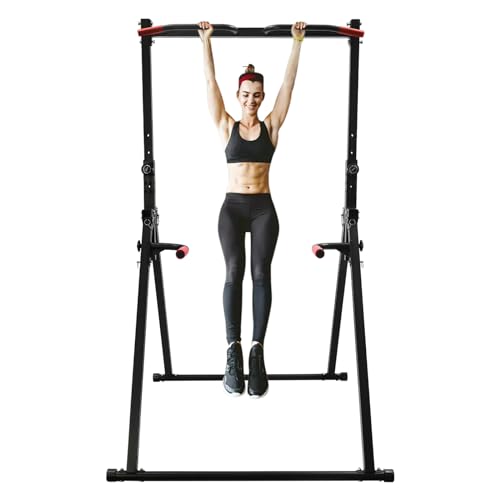 PUDLOR Faltbar Power Tower Dip Station Einstellbare Horizontale Stange Freistehend Heim-fitnessstudio Reckstange bis 200 kg belastbar Für Klimmzüge und Liegestütze am Bauch Schwarz Rot