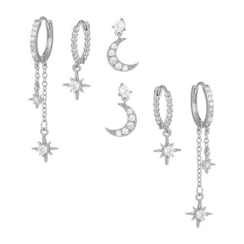 SHINROAD Stern-Ohrringe für Damen Mond-Stern-Charm-Ohrringe-Set Strass-Ohrstecker Huggie-Creolen Flache Rückseite für den Alltag besondere Anlässe Silber