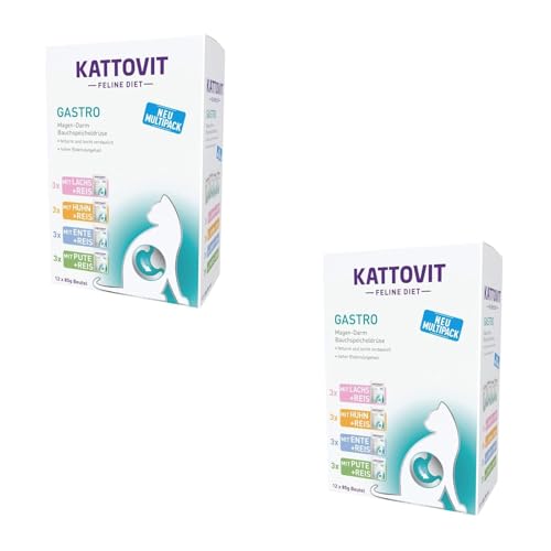 Kattovit Gastro Multipack Doppelpack 2x 12x 85g Diät Alleinfuttermittel für mit 4 verschiedenen Sorten im Frischebeutel Bei Problemen mit dem Magen Darm Trakt