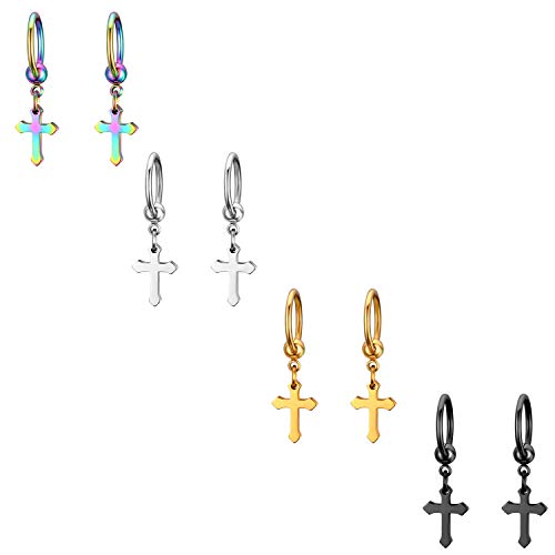 Flongo Herren Ohrstecker Creolen Damen Ohrringe 8 Stück Edelstahl Ohrstecker hängend Ohrringe Silber Schwarz Gold Mehrfarbig Stecker Kette Kreuz Anhänger Jahrgang Männer Frauen