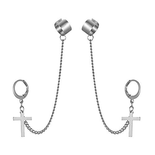 JewelryWe Schmuck Herren Damen Ohrringe Edelstahl Kreuz Kruzifix Creolen Ohrstecker Ohrclip Ohrklemme Ohrkette Hip-Hop Vatertag Geschenk Silber