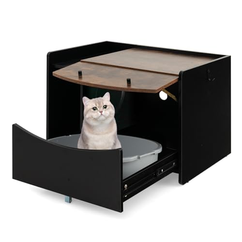 GYMAX Katzenschrank mit ausziehbarer Schublade Eingang Katzenhaus mit Klapptür Haken multifunktionaler Katzenklo Schrank für Katzen Katzenmöbel für Katzentoilette Vintagebraun