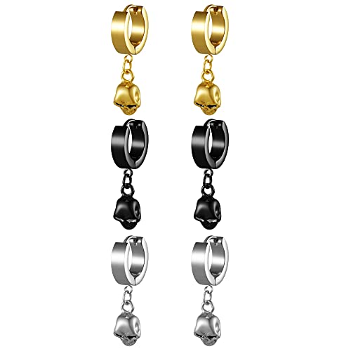 JewelryWe Schmuck 3 Paare Herren Damen Creolen Ohrringe mit Totenkopf Schädel Anhänger Edelstahl Ohrstecker Ohrpiercing Silber Gold Schwarz Halloween Geschenk