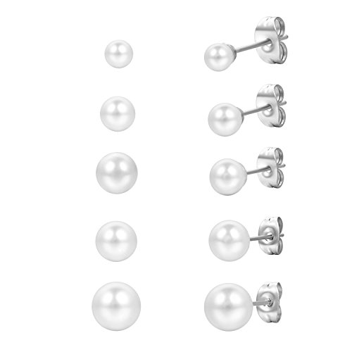 Weihnachtsgeschenke Cupimatch 5 Paare Ohrhänger imitation Perlen Kugel Form Ohrschmuck Set Creolen 4 8mm für Damen Herren Silber weiss
