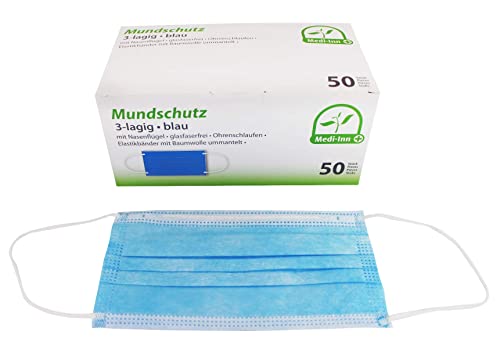 Medi-Inn Mundschutz Atemschutz Gesichtsmaske Einwegmaske mit Elastikbändern Typ II 3-lagig blau 50 Stück