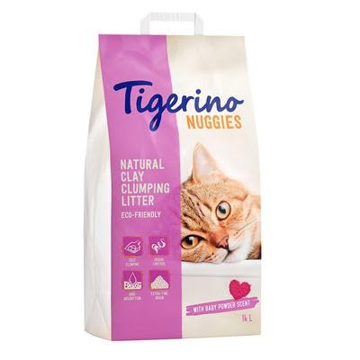 Tigerino Nuggies Katzenstreu 14L Babypowder Duft grob körnig klumpend Katzenstreu aus 100% natürlichem Ton sehr hygienisch staubarm hochsaugfähig für langhaarige Katzen