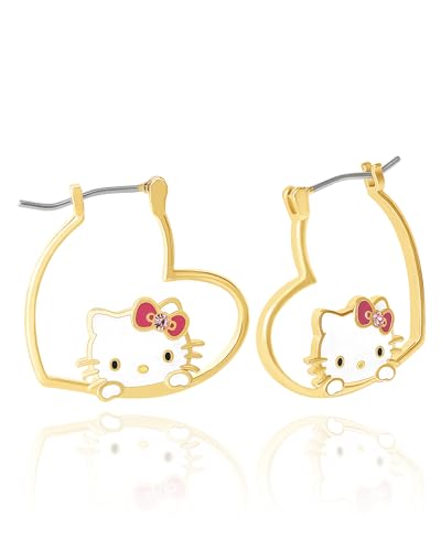 Sanrio Damen Hello Kitty Ohrringe Gelbgold vergoldet Hello Kitty Herz Creolen Offizielle Lizenz Messing Kristall Messing Kristall