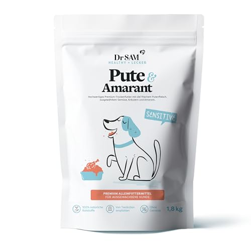 Dr. SAM Premium Trockenfutter für ausgewachsene Hunde - Pute Amarant Alleinfuttermittel mit Kräutermischung - ideal bei empfindlichem Magen - Gluten- und getreidefrei - Dry Dog Food - 1 8kg