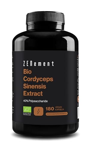 Bio Cordyceps Kapseln hochdosiert - 180 Kapseln 650mg mit 6500mg mg Pilz Extrakt 10 1 pro Tagesdosis - Cordyceps Sinensis mit 40% bioaktiven Polysacchariden - Laborgeprüft - Vegan - Zenement