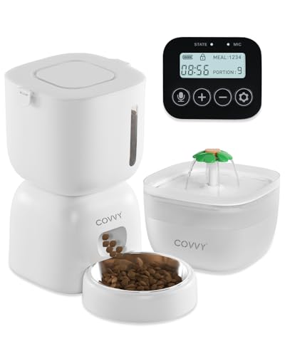 COVVY Automatischer Futterspender und Katzenwasser-Set futterautomat Katzen mit LCD-Bildschirm Timer futterautomat für Katzen und Hunde 1 4 Mahlzeiten Portionskontrolle 3 l Futterspender