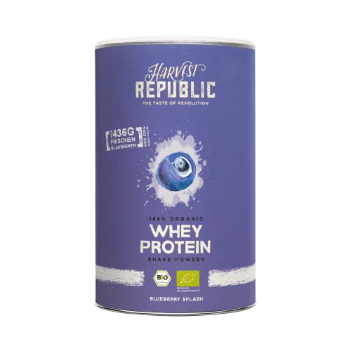 HARVEST REPUBLIC Bio Whey Protein Pulver Wildheidelbeere mit 100% echtem Fruchtpulver 320 g Bio Proteinpulver verfeinert mit gefriergetrockneten Früchten bis zu 17 g Protein pro Portion