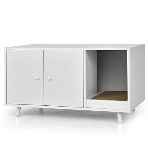 GYMAX 2 in 1 Katzenschrank für Katzentoilette Katzenhaus mit 2 Türen Katzenkratzbrett Katzenklo Schrank Beistelltisch 90 x 50 x 50 cm Weiß