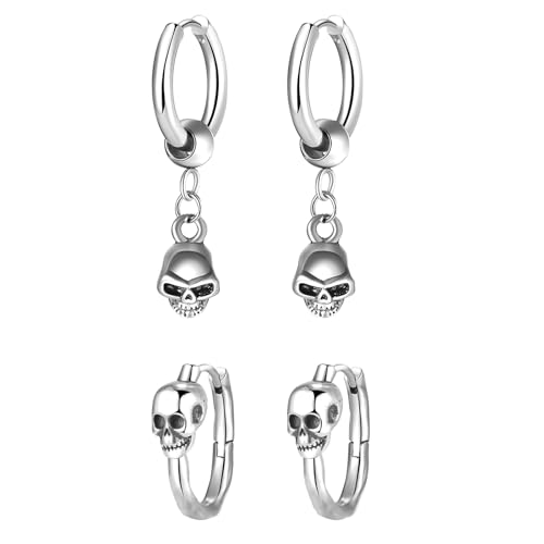 JewelryWe Schmuck 2 Paare Totenkopf Ohrringe Set Herren Gotik Punk Creolen mit Schädel Anhänger Edelstahl Hängende Ohrringe Ohrhänger Halloween Geschenk für Männer Frau Silber