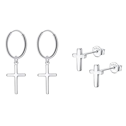 Bo Win 2 Paare 925 Sterling Silber Ohrringe Kreuz Creolen Silber Ohrstecker Kreuz Kreolen Durchmesser 14mm mit Kreuz Anhänger Ohrhänger Hängend Ohrringe Set Ohrringe für Damen Herren Mädchen