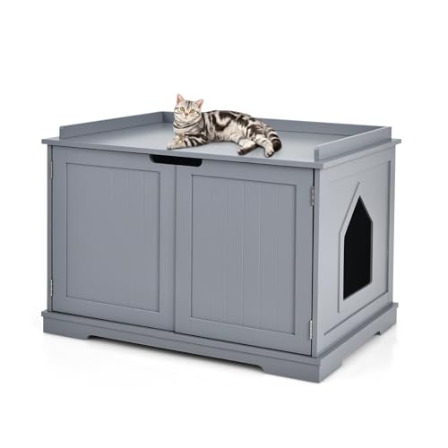 GOPLUS Katzenschrank Katzenklo aus Holz Katzentoilette für Indoor Outdoor Wasserdicht Katzenhaus mit Eingang für Kleintiere Haustiere Geräumiger Aufbewahrungsschrank Grau