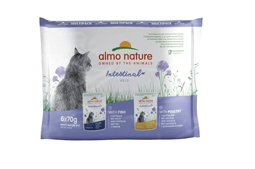 Almo Nature Multipack Holistic Digestive Help 3 x Mit Fisch - 3 x Mit Geflügel. Alleinfutter für Erwachsene Katzen Nassfutter 6er Pack 6x70g
