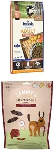 Bundle bosch HPC Adult mit frischem Lachs Kartoffel Hundetrockenfutter für ausgewachsene Hunde aller Rassen 1 x 15 kg Sammy s Würstchen Wasserbüffel 1 x 240 g