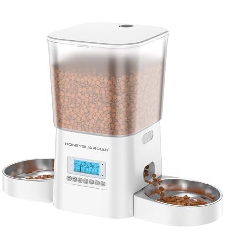 HoneyGuaridan Futterautomat Katze 2 näpfe Futter für 2 Katzen gleichmäßig verteilen 3.5L Automatischer Futterspender für Katzen Hunde Edelstahlschüssel Sprachaufzeichnung 1-6 Mahlzeiten Tag