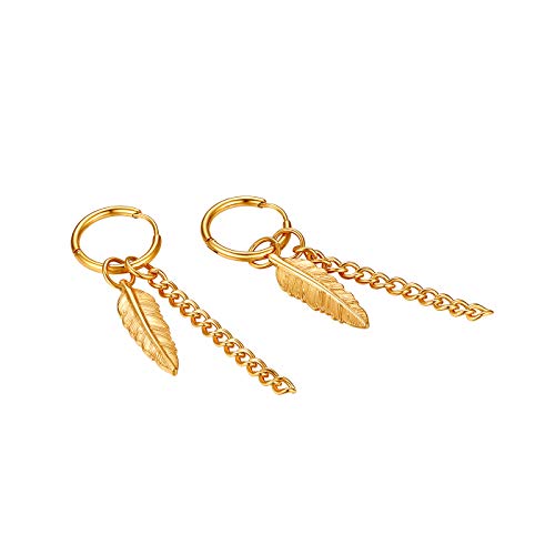 JewelryWe Schmuck Creolen Ohrringe Blatt Feder Kette Anhänger Edelstahl Ohrstecker Pierced Ohrhänger für Herren Damen Gold